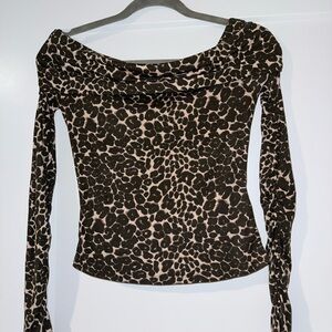 Cotton On: Off-Shoulder Leopard Print Long-Sleeve Top - Brown/Beige